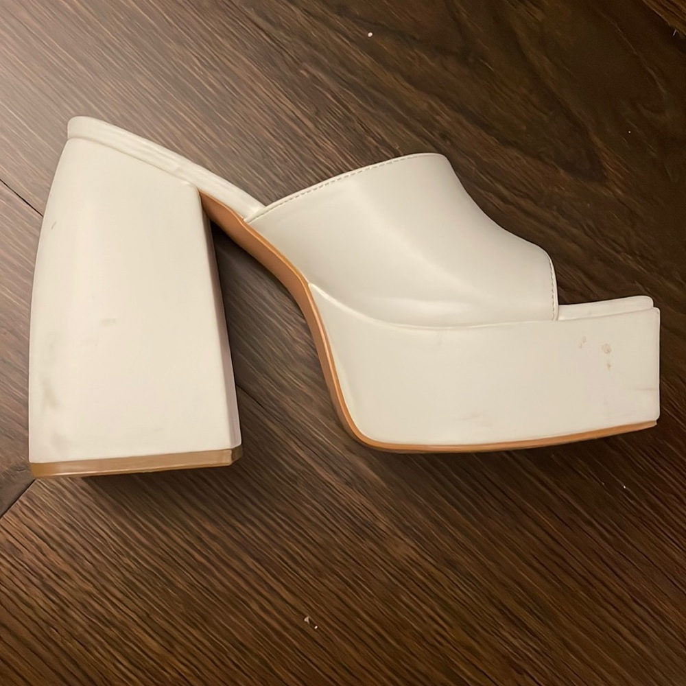 PLT Prettylittlething White Pu Square Toe Extreme Platform Heel Mules - Picture 4 of 11